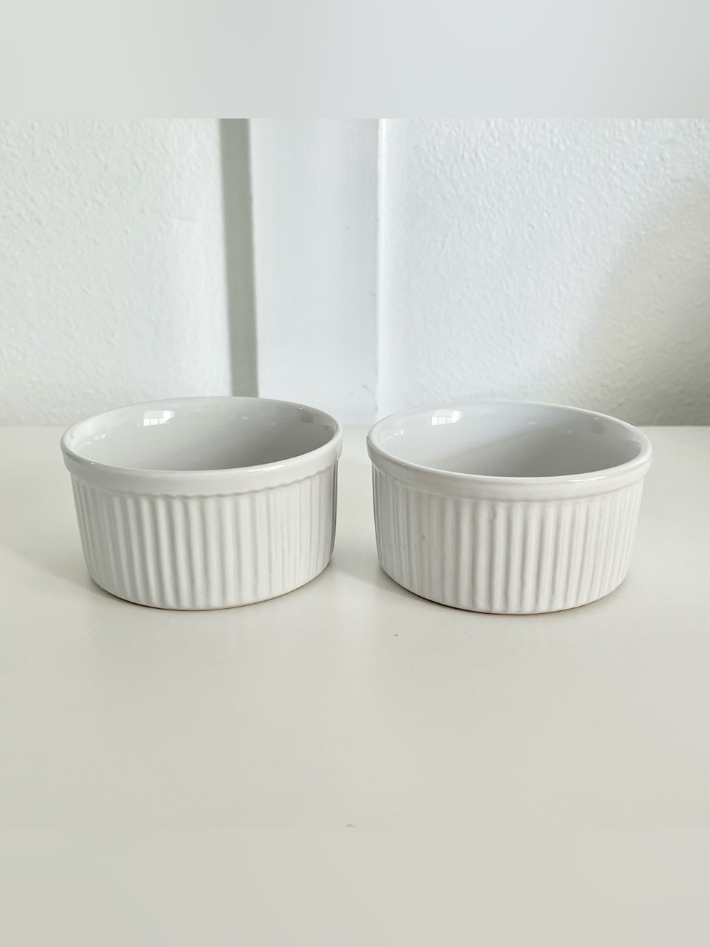 2 Emile Henry white ribbed porcelain ramekins soufflé custard baking 40.06